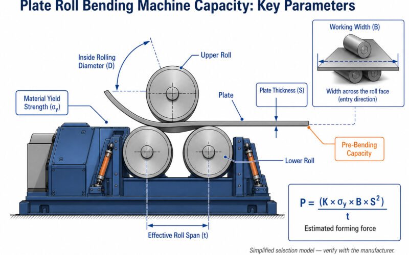 Plate roll bending machine capacity diagram showing plate thickness, working width, rolling diameter, roll span, and pre-bending capacity